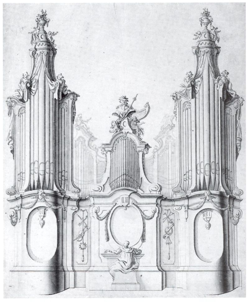 Foto: Entwurf zu einem barocken Orgelprospekt aus der Werkstatt von Johann Georg Dirr. Design for the facade of a pipe organ;'' before 1770; München, Graphische Sammlung, Inv. 1965:155H. Scanned from: Knapp, Ulrich: ''Salem. Katalog der Pläne und Entwürfe.'' Stuttgart 2004. Kat. Nr. 148. Quelle: Wikicommons