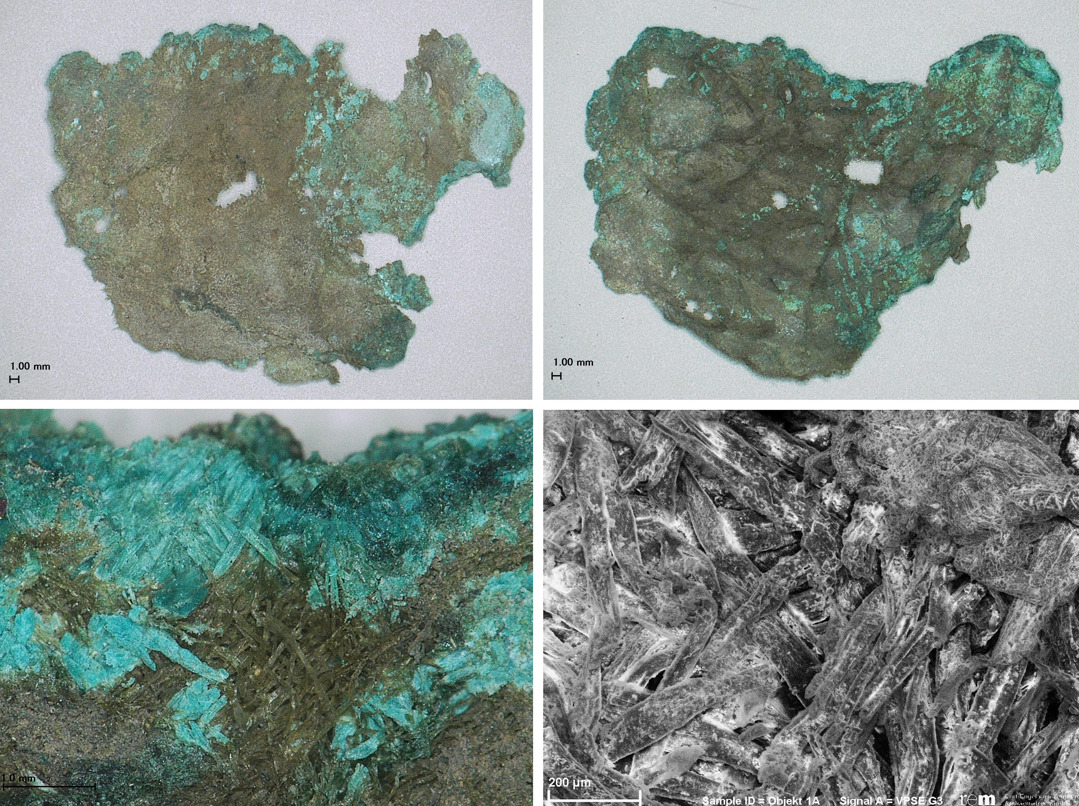 Analyse zweier archäologischer Lederreste aus dem 10. – 8. Jh. v. Chr. (Gesamtansichten oben) unter dem Auflicht- (unten links) und Rasterelektronenmikroskop (unten rechts). Eine massenspektrometrische Untersuchung erlaubte hier die Bestimmung von Rindsleder (Bos taurus L.).
© Curt-Engelhorn-Zentrum Archäometrie Mannheim, Fotos: Sylvia Mitschke.