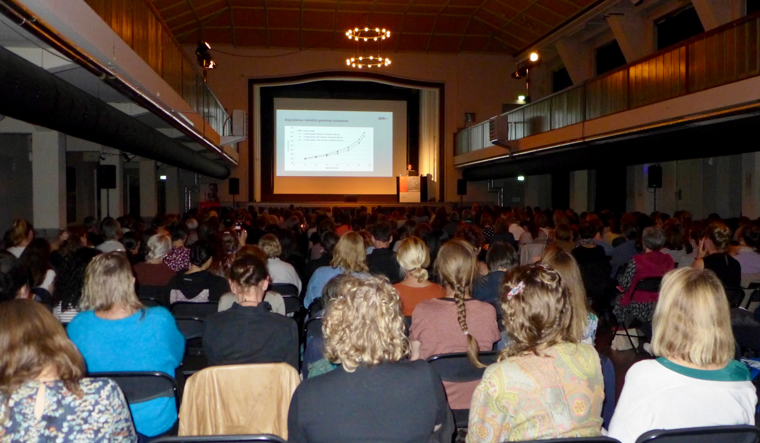 Charmant und geschichtsträchtig: Der mit rund 350 Teilnehmer:innen gefüllte Vortragssaal des Zentralwerkes Dresden. Foto: Anne Levin, 2022.