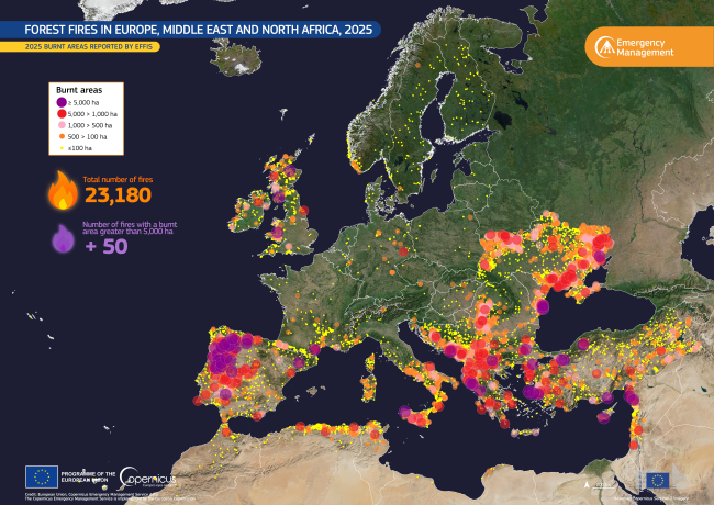Diese Datenvisualisierung des European Forest Fire Information System (EFFIS) zeigt die Verteilung von Waldbränden in den EU-Regionen im Jahr 2025, die auch Stätten des Kulturerbes bedrohten.
Bildnachweis: Europäische Union, Copernicus Atmos-phere Monitoring Service Data