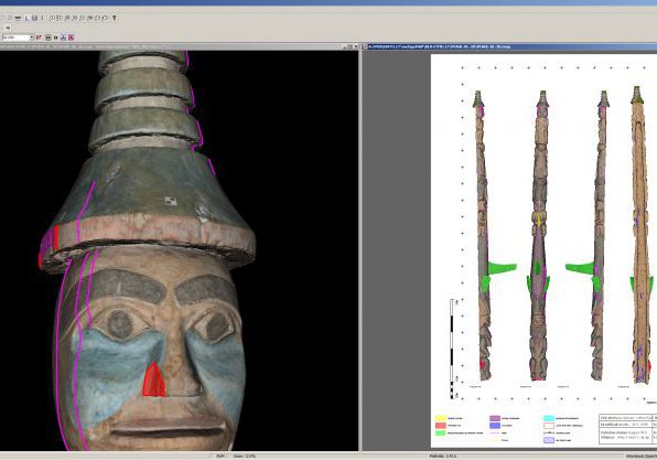 Links: 3D-Anzeige des texturierten Oberflächenmodells mit 3D Kartierung; rechts: Maßstangsberechte Abwicklung mit 4 orthognalen Modellansichten, Kartierung und GruppenLegende; Objekt: Totem Tshimshian, Ethnologisches Museum, Berlin, Deutschland; Kartierung: restauratum ArGe, Berlin
